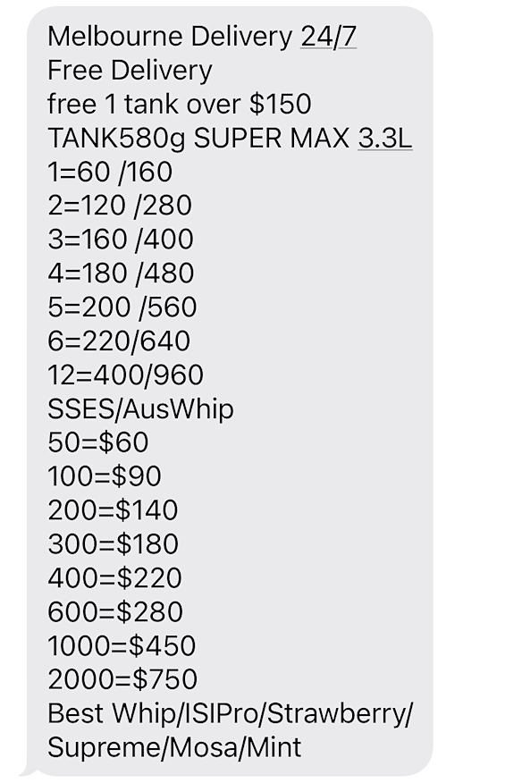 Screenshot of a text exchange with a nang delivery business. 