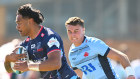 Daniel Maiava playing for the embattled Melbourne Rebels earlier this month in a Super Rugby Pacific trial match.
