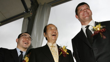 Lawrence Ho (left), Stanley Ho (centre) and James Packer at the opening of the Crown-Melco "City of Dreams" casino in Macau in 2006.