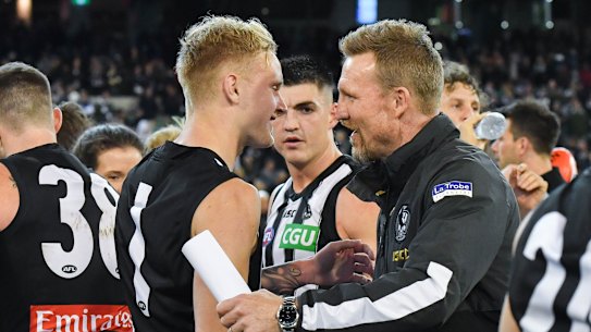 Collingwood’s coach Nathan Buckley and Collingwood’s 1 Jaidyn Stephenson AFL- Qualifying final at the MCG, Geelong v Collingwood. 6th September 2019 The Age News Picture by JOE ARMAO