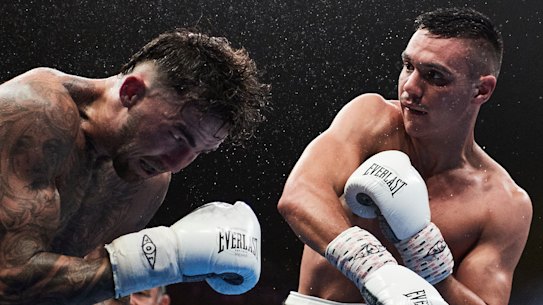 Tim Tszyu, right, lands a right on Jack Brubaker.