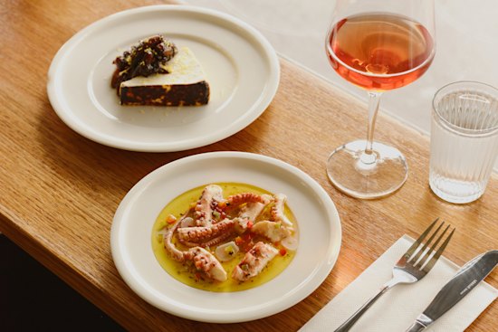 Pickled octopus and baked ricotta with agrodolce.