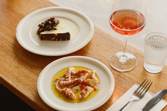 Pickled octopus and baked ricotta with agrodolce.