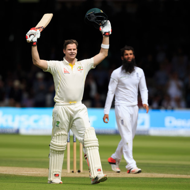 Steve Smith celebrates his double-ton at the home of cricket.