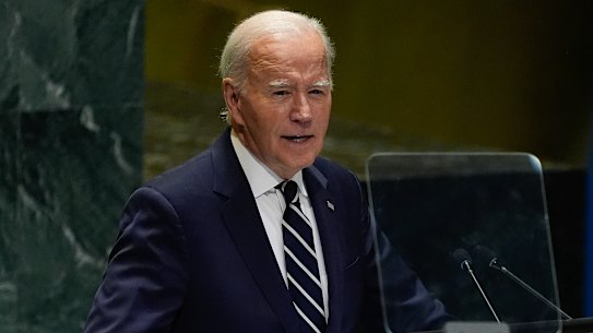 United States President Joe Biden addresses the 79th session of the United Nations General Assembly, Tuesday, Sept. 24, 2024, at UN headquarters. (AP Photo/Julia Demaree Nikhinson)