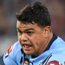 Latrell Mitchell playing for NSW in 2021 and (inset) Joseph Suaalii. 
