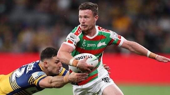 Damien Cook runs with the ball at Bankwest Stadium.
