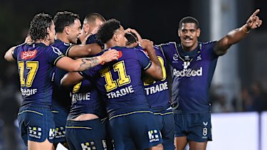 The Melbourne Storm celebrate reaching another preliminary final.