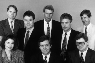 The Four Corners team in 1991. Back row: Mark Colvin, Ross Coulthart and Paul Barry. Centre: David Marr, Neil Mercer. Front: Deborah Snow, Andrew Olle and Chris Masters.