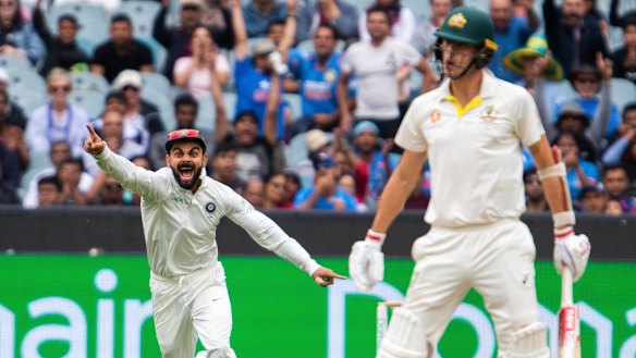 Virat Kohli celebrates Pat Cummins' wicket.
