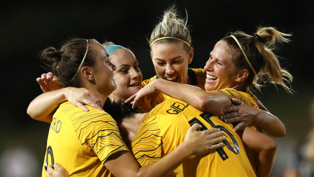 New era: Emily Gielnik opens the scoring for the Matildas in their first match under Ante Milicic.