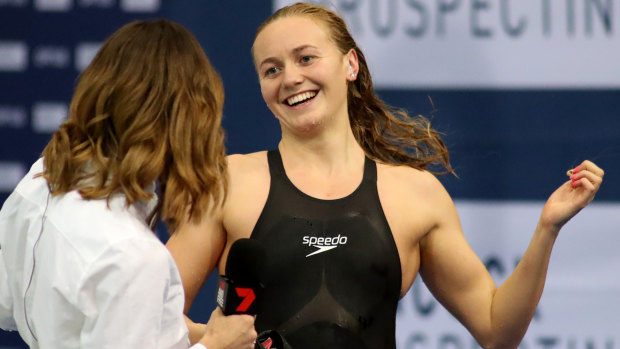 Ariarne Titmus is interviewed by  Giaan Rooney after winning the 200m freestyle.