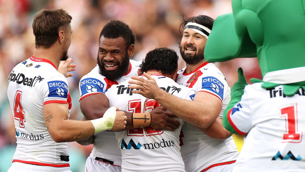 St George Illawarra celebrate Jaydn Su’A first-half try.