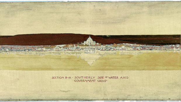 One of the drawings for the Canberra design competition rendered by Marion Mahony Griffin to accompany Walter Burley Griffin's entry in 1911.
