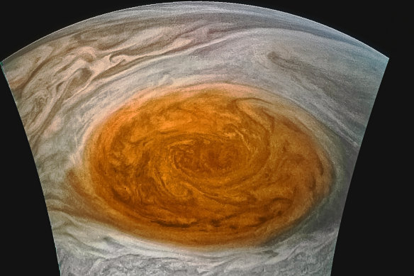 An enhanced-colour image of Jupiter's Great Red Spot created by citizen scientist Jason Major using data from the JunoCam on NASA's Juno spacecraft.