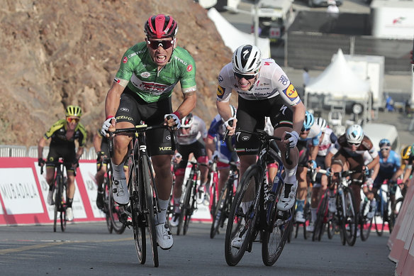 Australia's Caleb Ewan, left, and Irishman Sam Bennett, right, compete at February's UAE Tour, which was later cancelled due to confirmed coronavirus cases at the race. 
