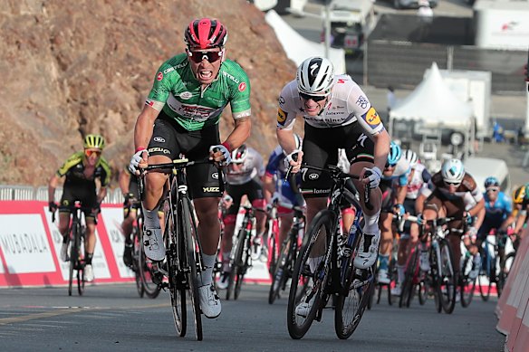 Caleb Ewan outsprints Sam Bennett on Hatta Dam during February's UAE Tour. 