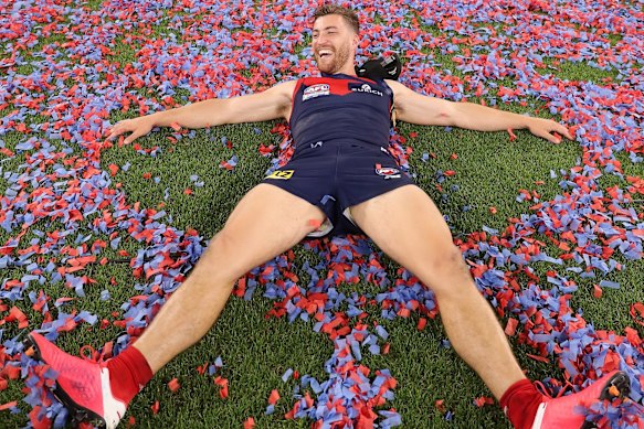 Jack Viney, celebrating the Dees’ 2021 flag, is a key cog in the club’s engine room.