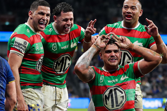 Latrell Mitchell celebrates scoring a try during the 2024 season.