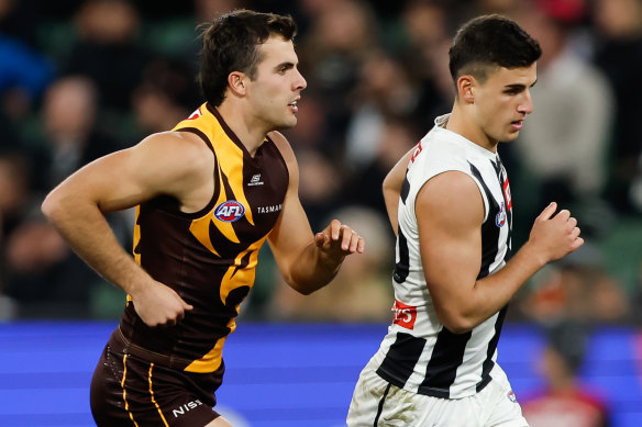 Finn Maginness did a great job shadowing Nick Daicos in Hawthorn’s upset round 21 win over Collingwood.