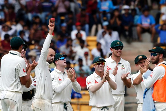 Nathan Lyon celebrates his 8-50 in Bangalore in 2017.