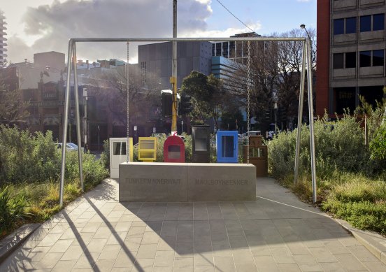The monument to the executed Indigenous men Tunnerminnerwait and Maulboyheenner by Brook Andrew and Trent Walter