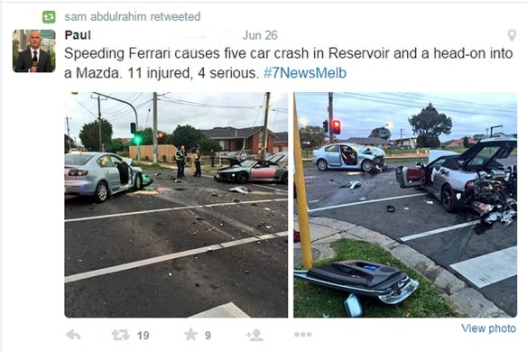 Re-Tweet of Channel 7 reports about the the crash