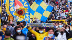 Fans gather to protest against the European Super League prior to La Liga match between Cadiz and Real Madrid in Cadiz.