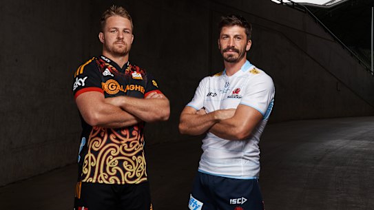 Sam Cane and Jake Gordon pose at AAMI Park ahead of Super Round.