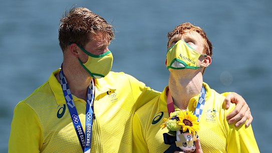 Thomas Green (left) and Jean van der Westhuyzen celebrate their Olympic gold medal.