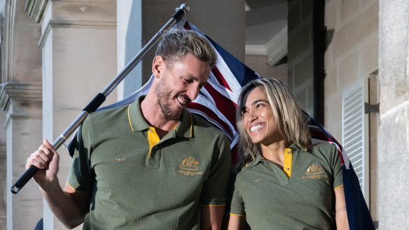 Australian Paralympian Brenden Hall and Madison de Rozario at Friday’s flag bearer ceremony in Sydney.