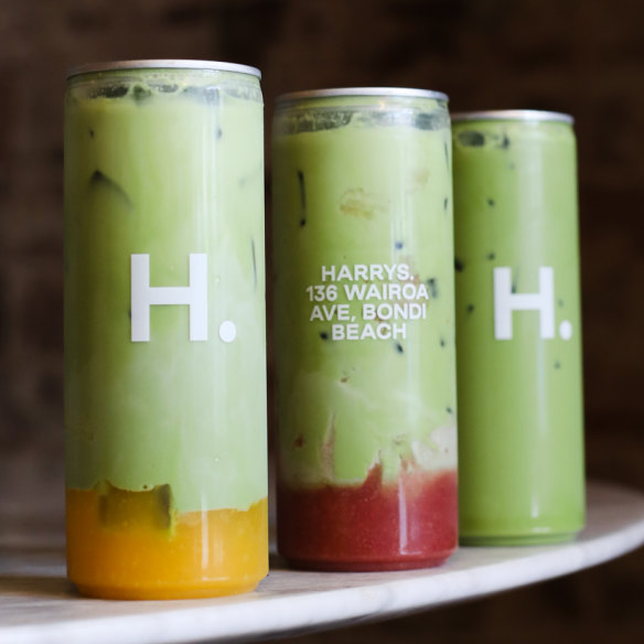 Iced matchas are canned on the spot at Harry’s.