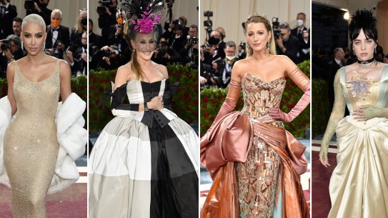 The threads of a story at the Met Gala 2022. Kim Kardashian in vintage Jean Louis, Sarah Jessica Parker in Christopher John Rogers, Blake Lively in Versace and Billie Eilish in Gucci.