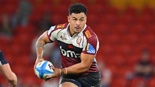 Hunter Paisami of the Reds competes during the round nine Super Rugby Pacific match between Queensland Reds and ACT Brumbies at Suncorp Stadium, on April 12, 2025, in Brisbane, Australia. (Photo by Albert Perez/Getty Images)
