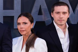 David and Victoria Beckham with their children, from left: Romeo, Cruz, Harper, Brooklyn and his wife Nicola Peltz Beckham in London in 2023.