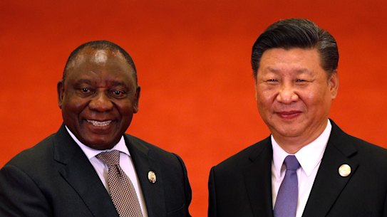 South African President Cyril Ramaphosa, left, shakes hands with Chinese President Xi Jinping during the Forum on China-Africa Cooperation in Beijing in 2018.