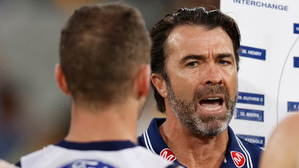 Chris Scott addresses his players.