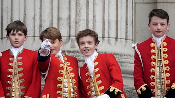 Pages of honour Lord Oliver Cholmondeley, Prince George of Wales, Nicholas Barclay and Ralph Tollemache.