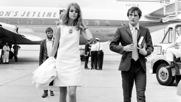Jean Shrimpton and actor Terence Stamp arrive at Essendon Airport.