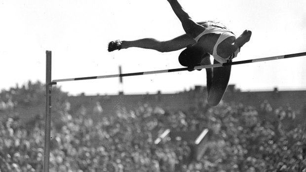 Australian high jumper  Charles 'Chilla' Porter on his way to the silver medal at the 1956 Melbourne Olympics Games.