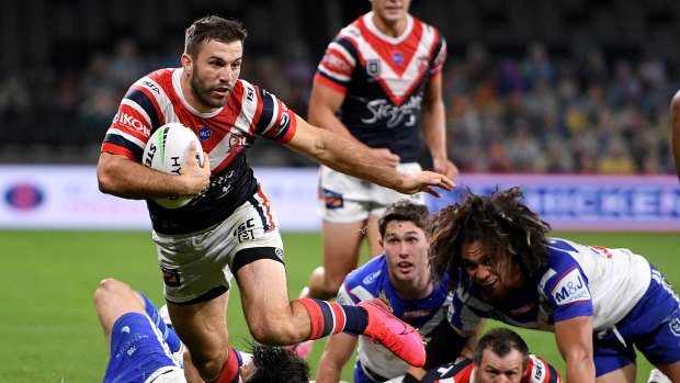James Tedesco leaves his Bulldogs counterparts for dead at Bankwest Stadium.
