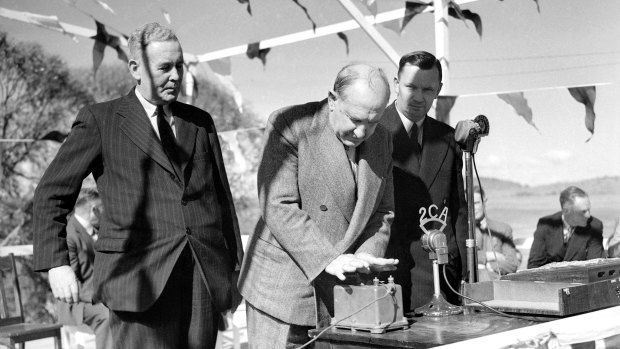 Governor General William McKell detonates the first explosives at the launch of the Snowy Mountains Hydro Electric Scheme on 17 October 1949.