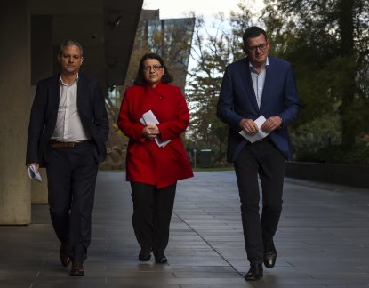 Victorian Chief Health Officer Brett Sutton, Health Minister Jenny Mikakos and Victorian Premier Dan Andrews (pictured from left to right).