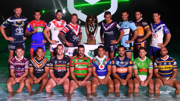 The captains from the 16 NRL teams gather just a few weeks ago.