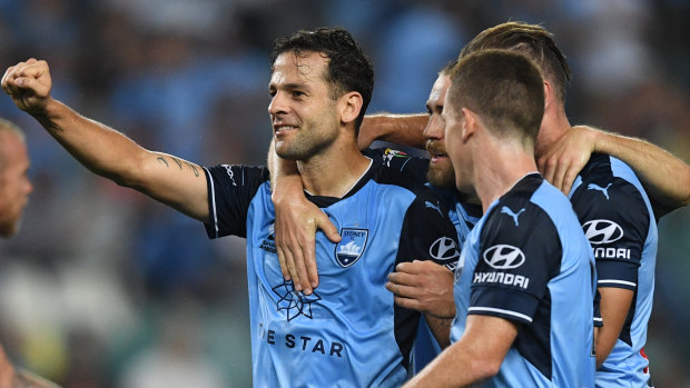 Leading man: Bobo celebrates after adding to his significant goal tally at ANZ Stadium.