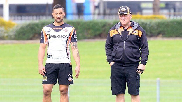 Back together: Benji Marshall and Tim Sheens at Tigers training in 2012.