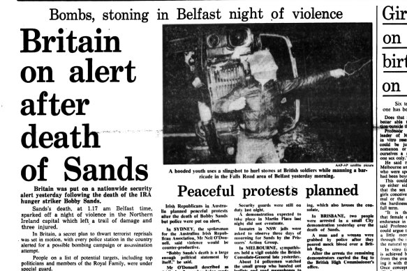“Britain on alert after death of Sands.” Front page of Sydney Morning Herald, May 6, 1981