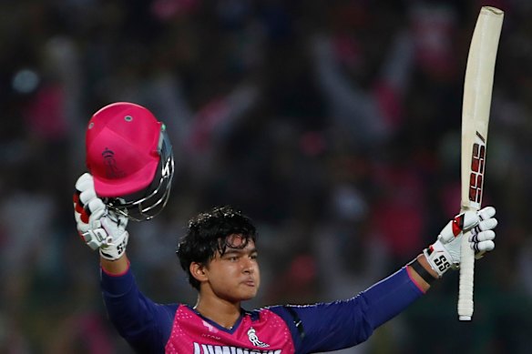 Vaibhav Suryavanshi celebrates his century.