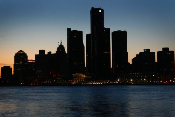 A sunset view of the Detroit skyline from across the river at Windsor, Ontario.