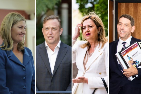 Both Shannon Fentiman (left) and Steven Miles (second-left) are members of Queensland Labor’s dominant Left faction and seen as future potential leaders after Annastacia Palaszczuk, alongside Treasurer Cameron Dick (far right) of Palaszczuk’s smaller Right faction.